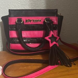 Betsey Johnson Pink and Black Striped Crossbody Bag